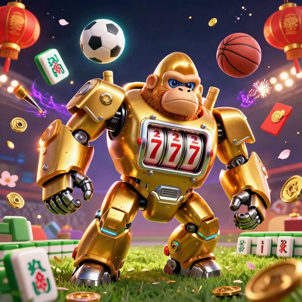 Golden gorilla mech with slot reels, mid-flight sports gear, neon casino glow.
