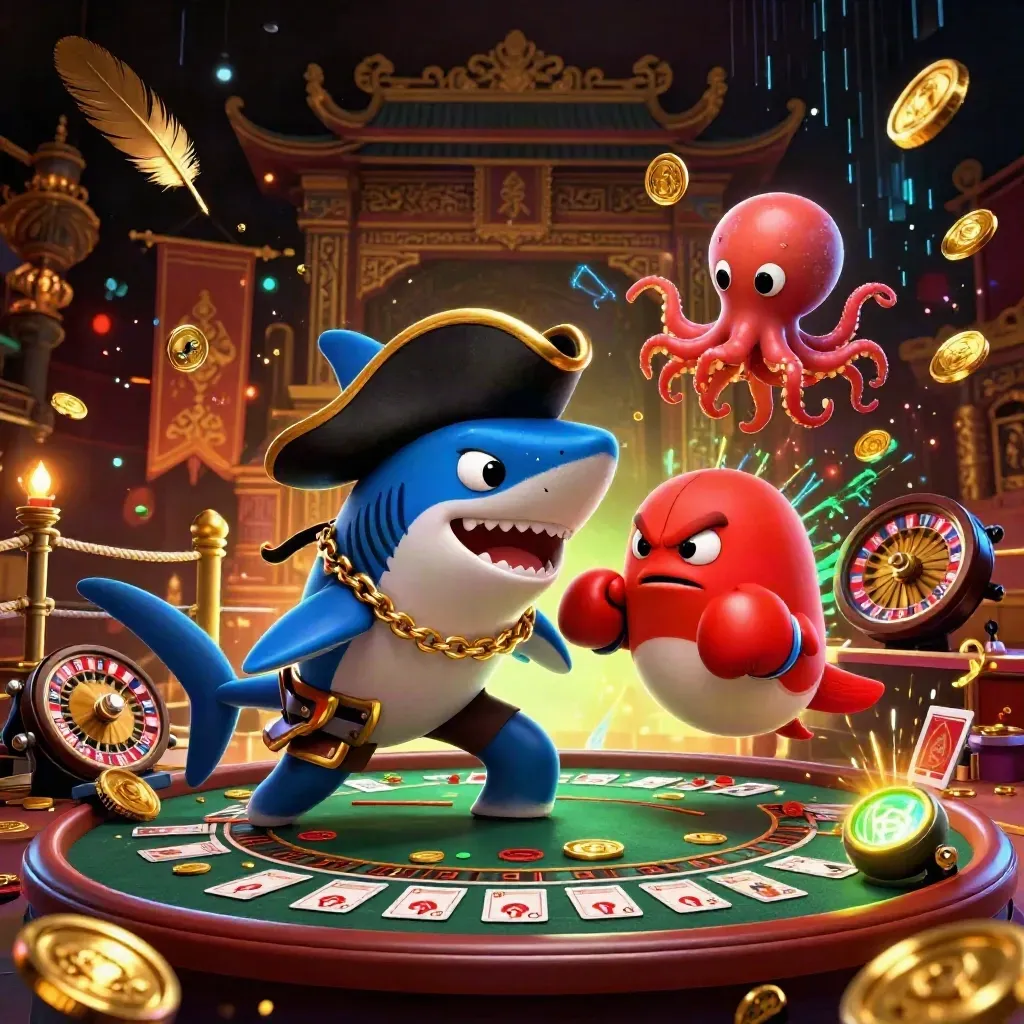 Pirate shark, boxing pufferfish and juggling octopus in a neon casino arena with coins, ring, and glowing effects