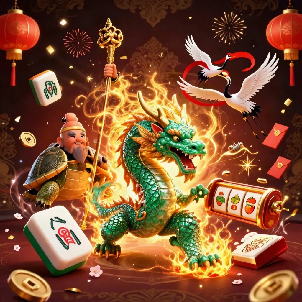 Emerald dragon, turtle sage and cranes amid gold fire, jade coins and neon casino glow.