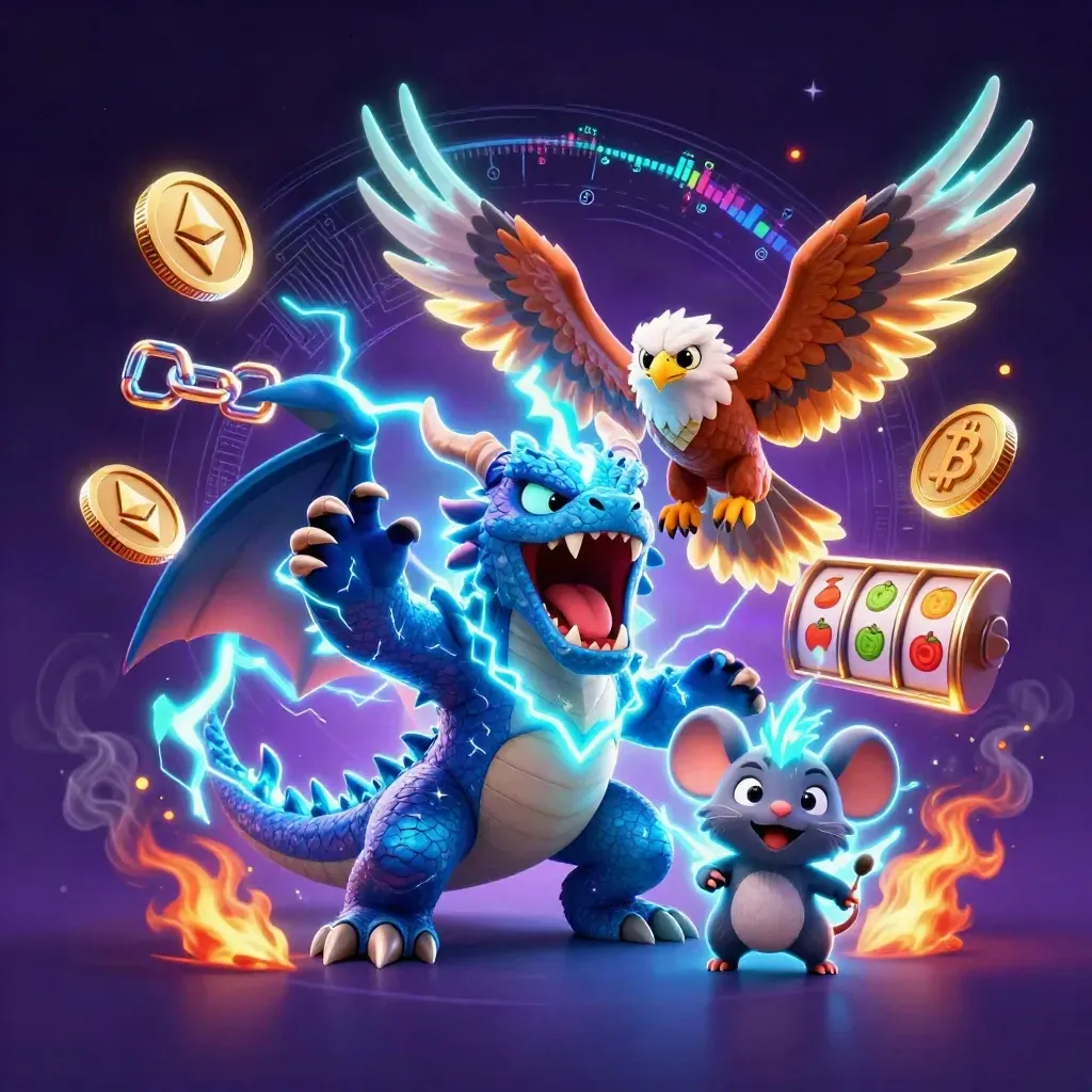 Thunder dragon, wind hawk and static mouse explode through neon coins, reels and casino energy.