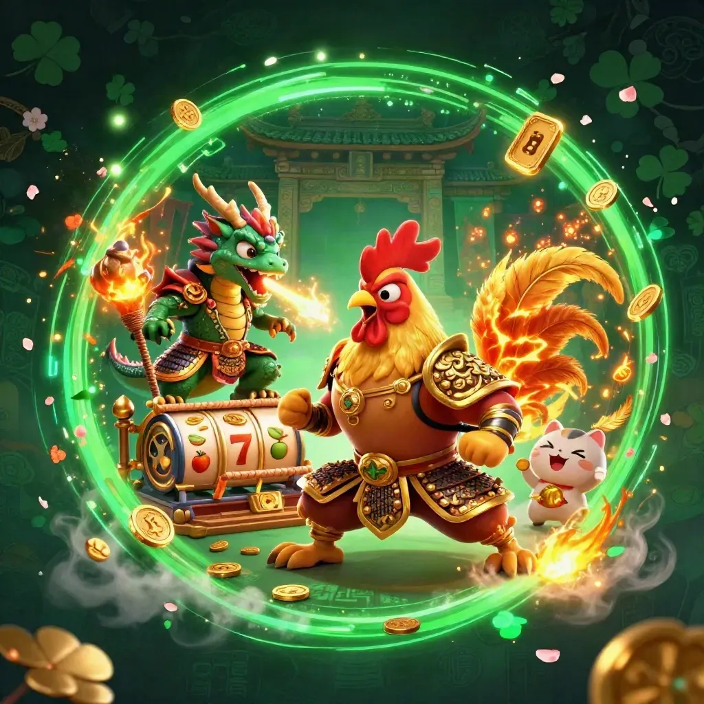 Rooster warrior, dragon hatchling and fortune cat burst from a neon-green casino temple gate.