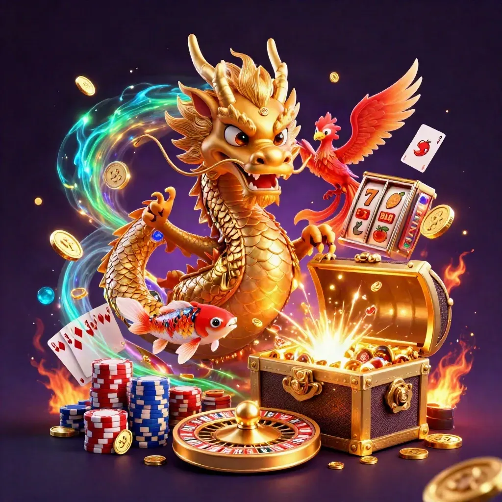 Golden dragon with phoenix and koi amid casino coins, cards, chips and neon magic.