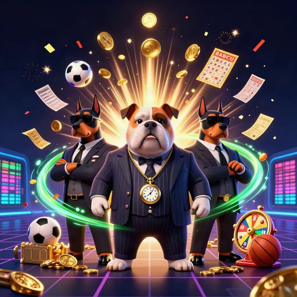 Bulldog mafia boss with Dobermans amid casino loot, fireworks and neon gaming effects.