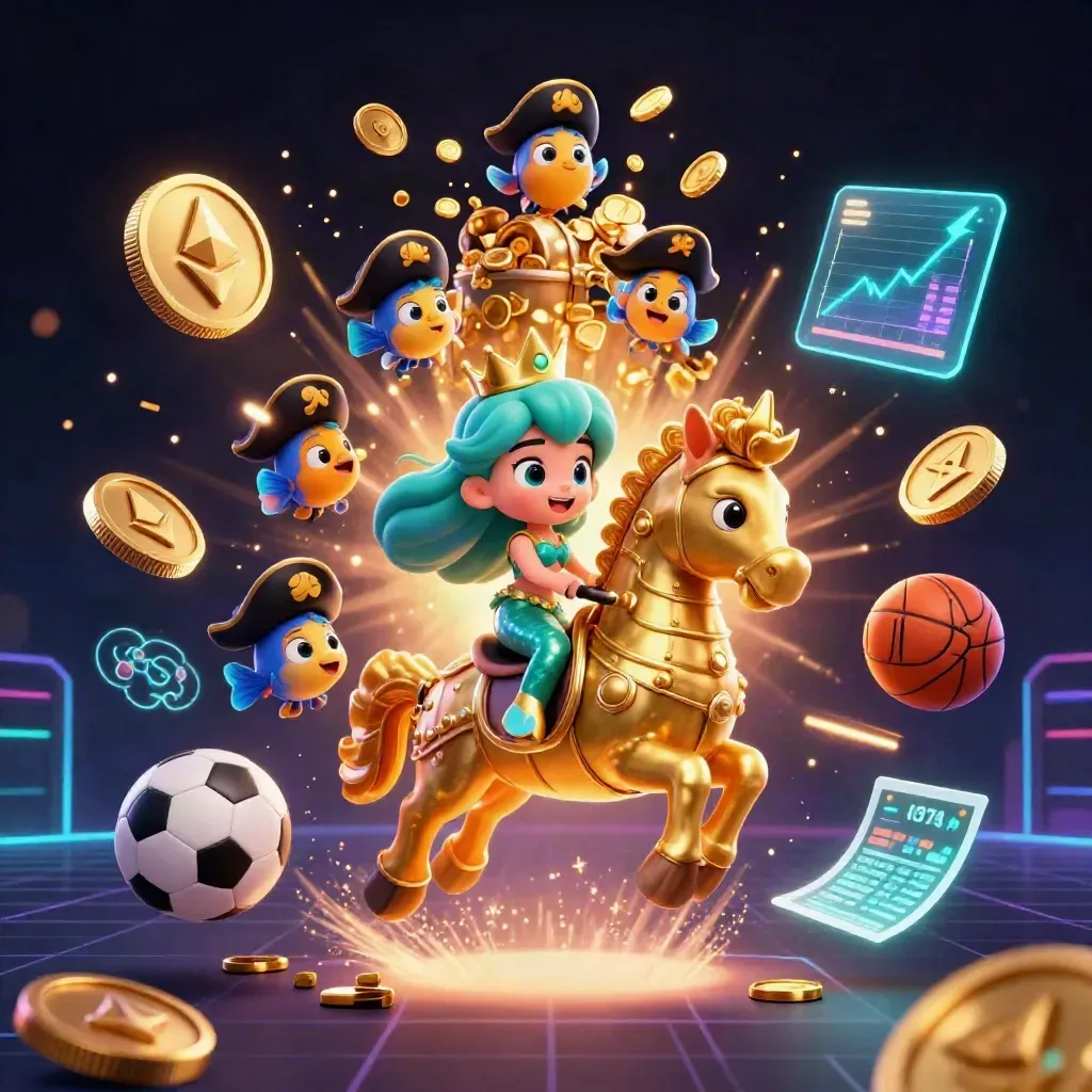 Mermaid princess on armored seahorse amid coins, fireworks, and casino-tech effects