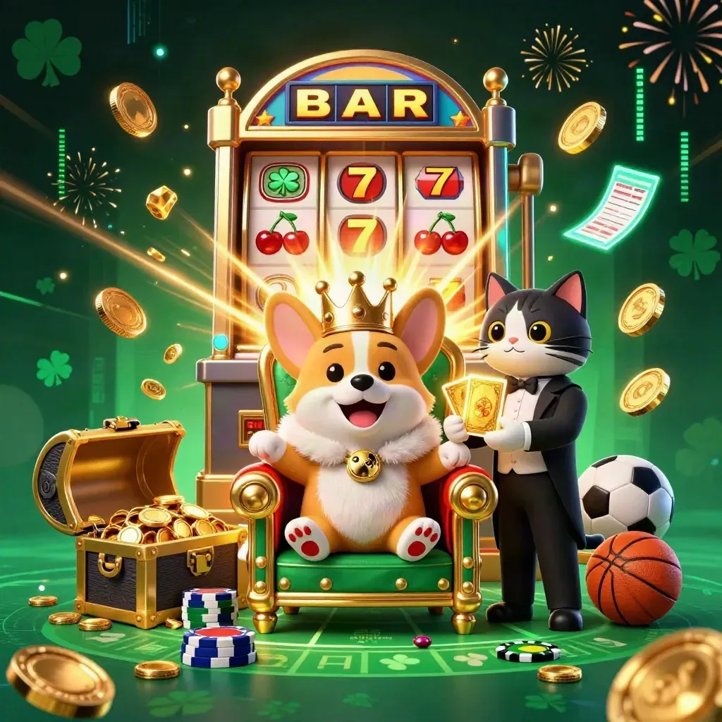 Royal corgi and cat butler amid a jackpot burst, coins, sports balls and neon casino glow.