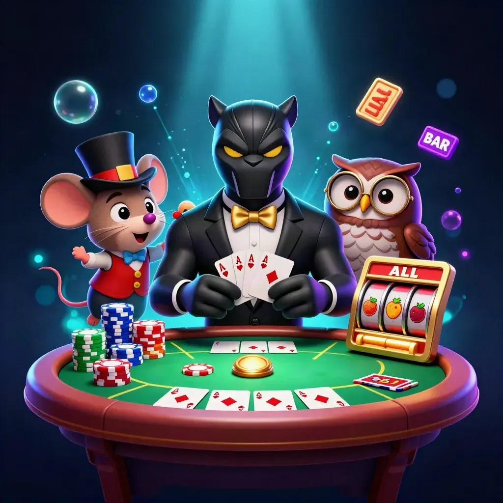Panther, owl, and mouse around a glowing casino table with chips, cards, reels, and neon light.
