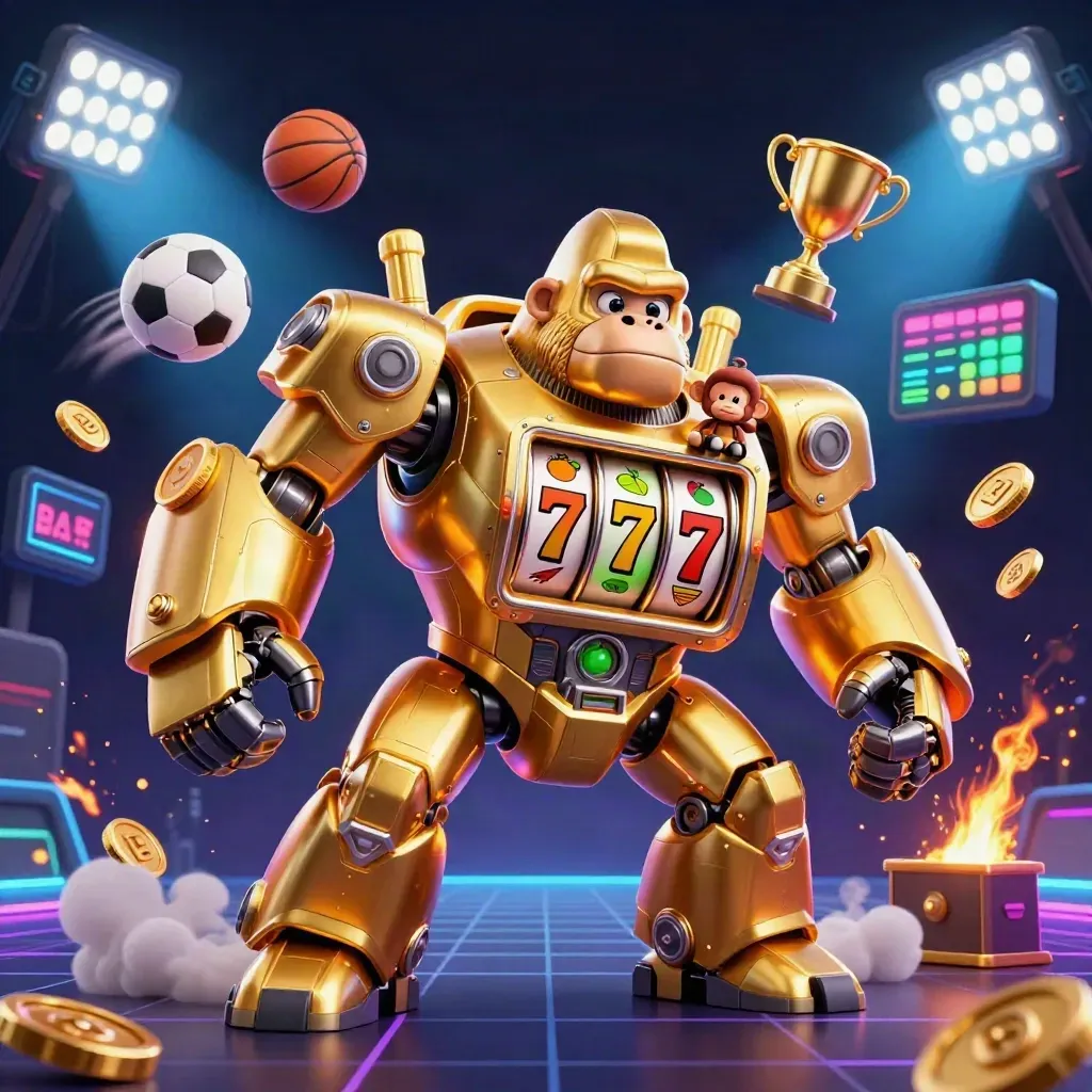 Golden gorilla slot mech with tiny monkey pilot, balls, coins, trophy, and neon casino glow